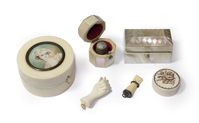 Lot 113 - Assorted 19th century ivory and mother of pearl items to include a circular box set with a portrait