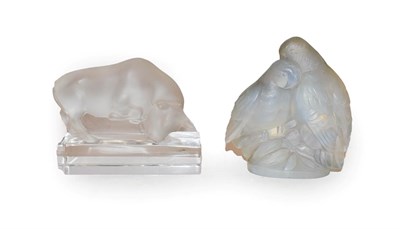 Lot 129 - A Lalique Bull frosted and clear glass paperweight, signed Lalique France, 13cm long and a...