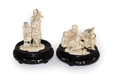 Lot 137 - Four Japanese Meiji period carved ivory okimonos, three formed as seated figures at various...