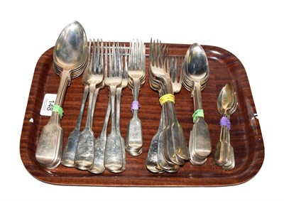 Lot 148 - A tray of silver fiddle pattern flatware, eight William IV forks by James McKay assayed...