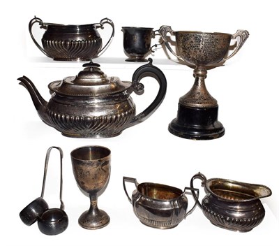 Lot 153 - A tray of silver items including a George V three part tea service by Harrison Brothers &...