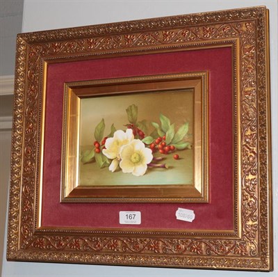 Lot 167 - A gilt framed ceramic rectangular plaque, still life berries and flowers, signed, 15cm by 20cm