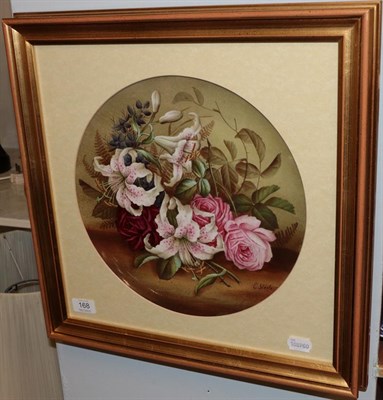 Lot 168 - Edwin Steele (1837-1898),  framed pottery plaque, still life with lilies and roses, signed,...