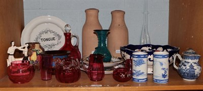 Lot 169 - Assorted items including Victorian cranberry glass, Staffordshire figure of two boxers,...