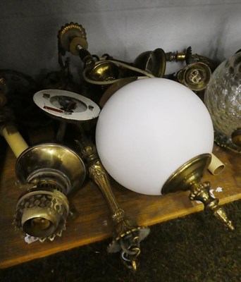 Lot 180 - Quantity of light fittings, comprising a pair of late Victorian gilt brass two-light...