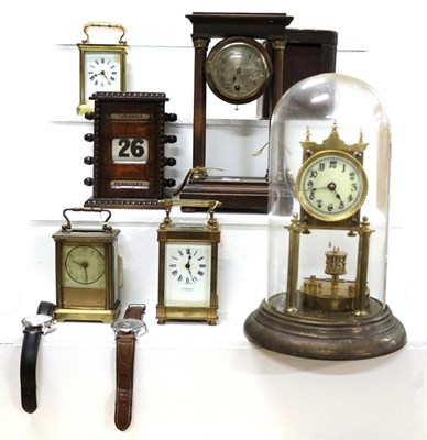 Lot 184 - A tray of timepieces and clocks including a torsion clock under glass dome, portico mantel...