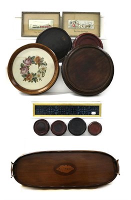 Lot 196 - A Linthorpe tile inset tray, Edwardian marquetry serving tray, assorted Chinese hardwood...