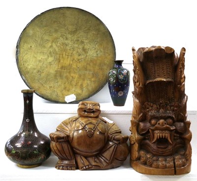 Lot 200 - A collection of Oriental decorative items to include two cloisonne vases, a Burmese wood...
