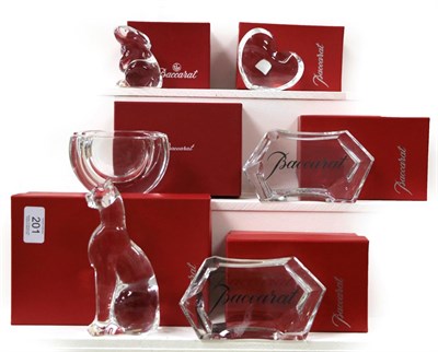 Lot 201 - A quantity of boxed Baccarat crystal, to include a statue of a cat, a rabbit, a stylized...