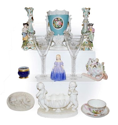 Lot 208 - A tray of assorted porcelain including a pair of 19th century Coalport figural candlesticks,...