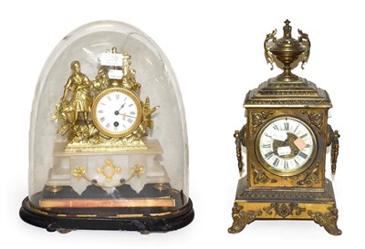 Lot 209 - 19th century French brass cased mantle clock, striking on a bell together with another French...