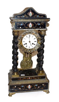 Lot 211 - 19th century French Portico mantle clock with boule inlay striking on a bell, 52cm high