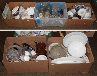 Lot 222 - Five boxes of assorted ceramics and glass to include, Royal Doulton Hampton Court, Mintons Petunia
