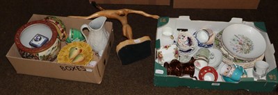 Lot 228 - A wooden sculpture and two boxes of assorted ceramics including Royal Albert, Aynsley, copper...