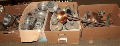 Lot 229 - Four boxes of assorted metal wares including copper samovar, steel firetools together with...