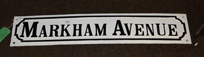 Lot 239 - A 19th century cast iron street sign ''Markham avenue'' repainted, reportedly Blitz recovered, 20cm