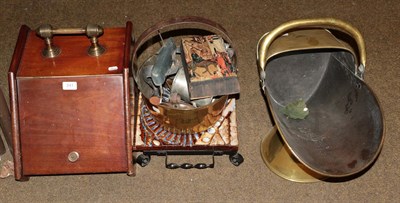 Lot 241 - An Edwardian mahogany coal scuttle, brass coal bucket, brass jam pan, tile topped trivet and...