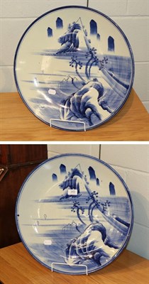 Lot 243 - A large pair of Japanese blue and white chargers painted in underglaze blue with mountainous...