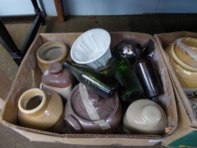 Lot 254 - Eight boxes containing mainly 19th stoneware including advertising flagons, jelly moulds,...