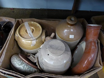Lot 254 - Eight boxes containing mainly 19th stoneware including advertising flagons, jelly moulds,...