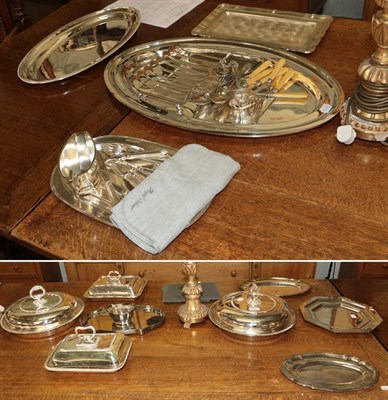 Lot 262 - Quantity of silver-plated items comprising; pair of large circular covered dishes with...