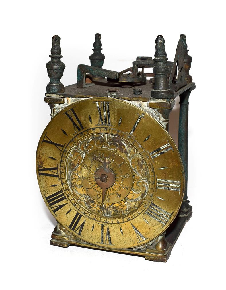 Lot 265 - An early 18th century Lantern form clock dial and movement, unsigned, (parts missing) (a.f.)