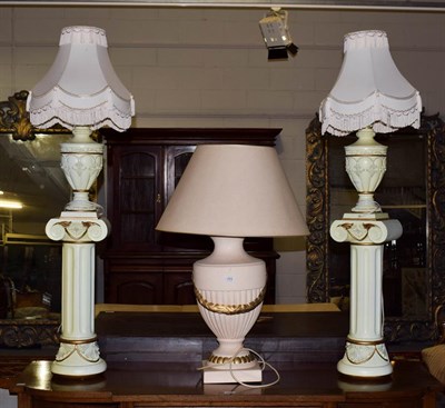 Lot 269 - A pair of modern urn shaped table lamps with Doric column pedestals, larger urn shaped table...