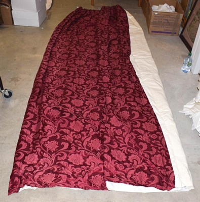 Lot 1103 - Pair of red brocade modern curtains, lined and interlined