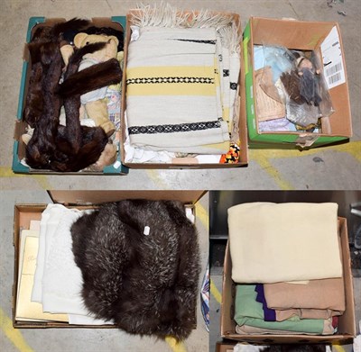 Lot 1110 - Assorted textiles and other items including a fox fur capelet, a mink stole, dolls, Teddy bear,...