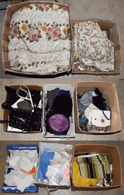 Lot 1113 - Assorted costume accessories and textiles, comprising curtains, white linen, crochet textiles...