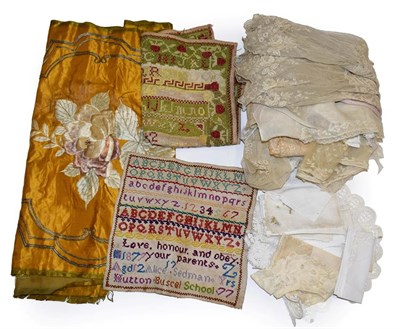 Lot 1143 - Assorted lace trims, underskirt, collars, decorative cotton handkerchiefs many with lace trims,...