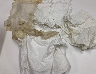 Lot 1159 - Quantity of textiles, undergarments, crochet trimmed linens, Victorian style printed cotton...