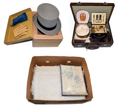 Lot 1160 - Brown suitcase with canvas lining enclosing two pairs of fur gloves, a pig skin collar case, a...