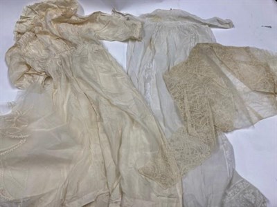 Lot 1163 - Assorted costume comprising a late 19th century cream wool baby cloak with embroidered...