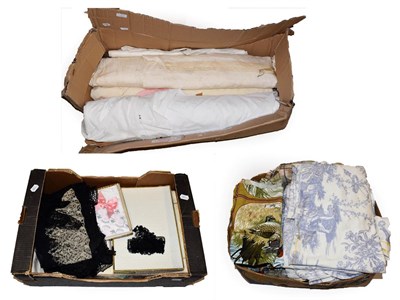 Lot 1166 - Assorted textiles including toile pattern curtains, fabric remnant Dukes & Drakes Leisure Hours...