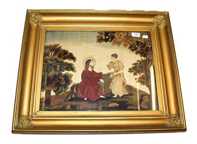 Lot 1167 - Framed early 19th century embroidery on silk depicting Rebecca at the Well, seated with Jesus...