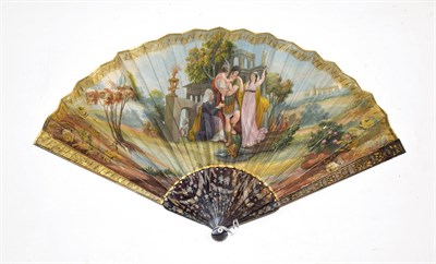 Lot 1174 - 19th century fan on tortoiseshell sticks, with velum mount hand painted with three figures and...