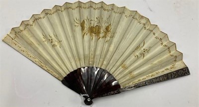 Lot 1174 - 19th century fan on tortoiseshell sticks, with velum mount hand painted with three figures and...