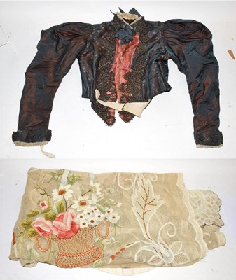 Lot 1186 - Late 19th shot silk ladies bodice with bead appliques, pink silk mount, tailors label 'Mrs...