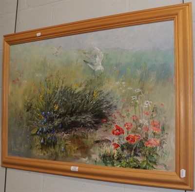 Lot 1187 - Elizabeth Alder, oil on canvas, birds amongst poppy fields, 60cm by 90cm