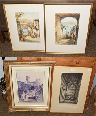 Lot 1190 - Three coloured etchings including a Cathedral interior, four monochrome etchings and a gilt...