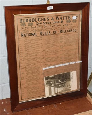 Lot 1196 - Burrows & Watts Ltd, National rules of billiards in mahogany frame together with a monochrome...