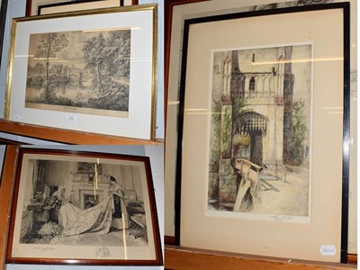 Lot 1217 - A group of 18th and 19th century prints, Knaresborough 32cm by 44cm, Hever Castle and 'Nearly Done'