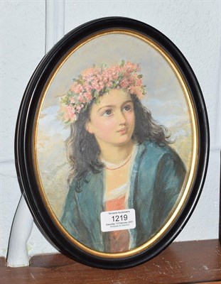 Lot 1219 - Adelaine Burgess (fl.1857-1886), 'the May Wreath, watercolour, label verso, 23cm by 17cm