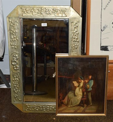 Lot 1225 - A brass Arts & Crafts bevel mirror together with an oil on board interiors scene, monogrammed...