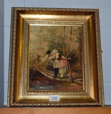 Lot 1228 - A 19th century gilt framed oil on panel of two figures standing on a bridge above a stream, 25cm by