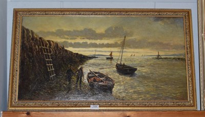 Lot 1230 - Alex Finlay, Fishing boats in blue harbour, oil on canvas, dated 1877, 40cm by 77.5cm