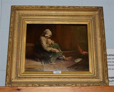 Lot 1232 - Manner of L H Deschamps (19th/20th century), mother stoking a fire and nursing a baby, bears...