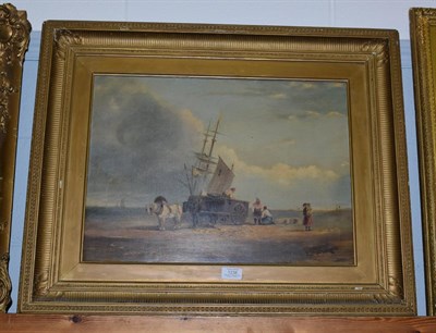 Lot 1238 - Follow of William Shayer (1787-1879), fisher folk on a shore loading a horse drawn cart, oil on...