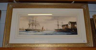 Lot 1239 - Ken Hammond (b.1948) Shipping scene in an English port, signed, gouache, 23.5cm by 69cm